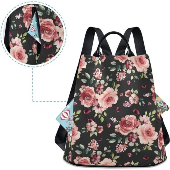 Rose Flowers Floral Black Backpack Purse for Women